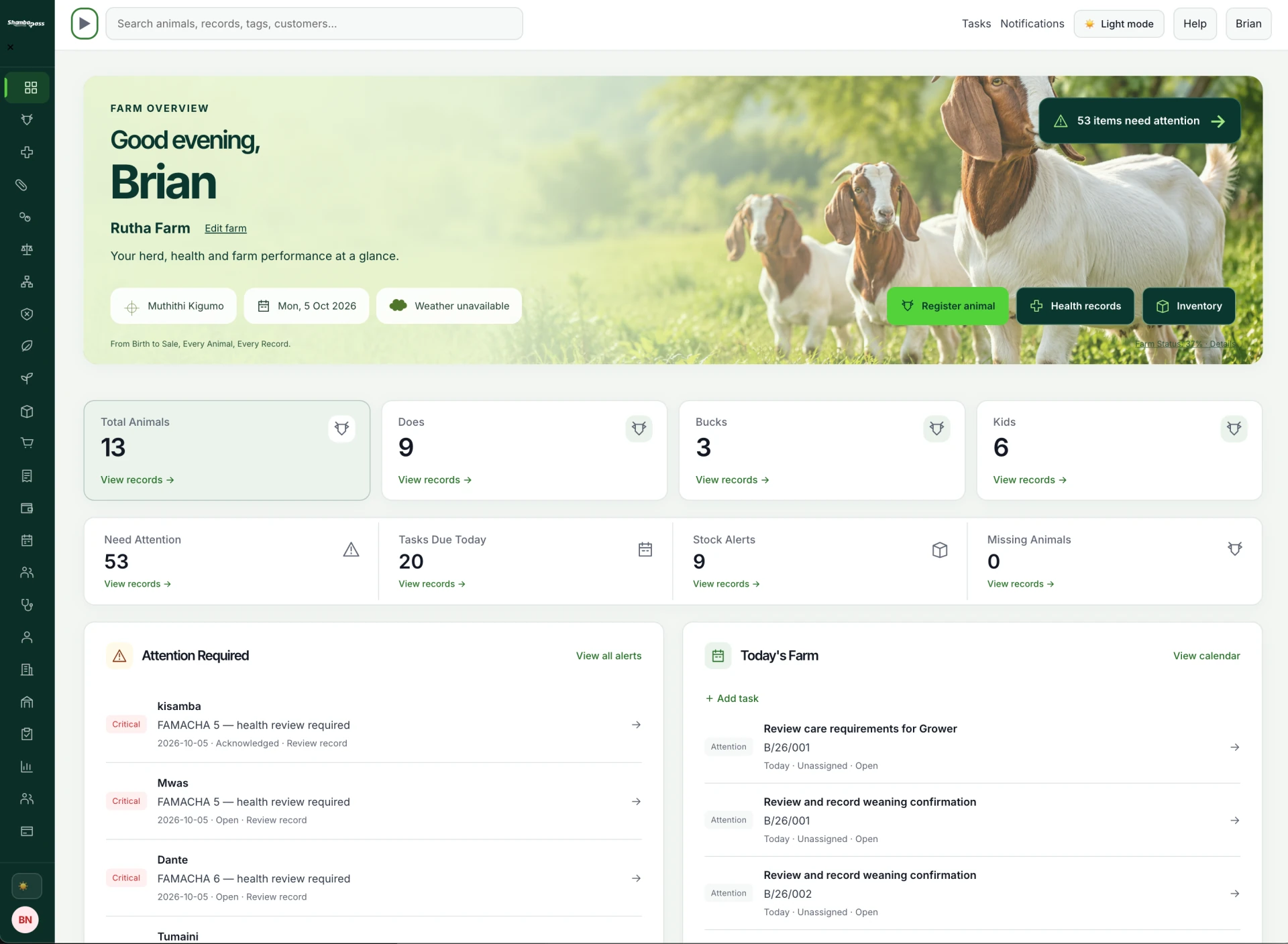 Current ShambaPass dashboard showing the farm overview, herd totals, attention alerts and today’s tasks