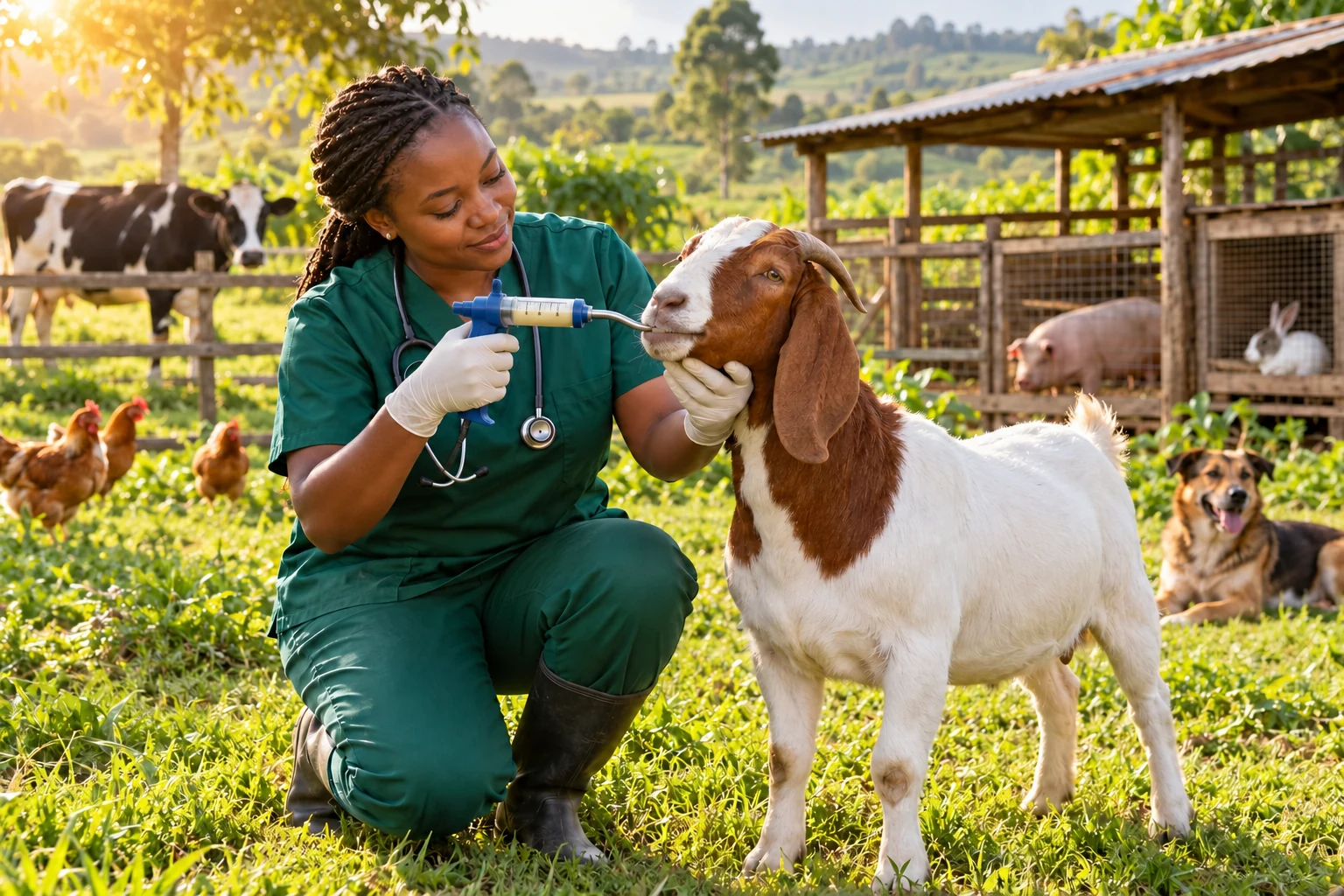 Veterinarian administering oral dewormer with a drench gun to a Boer goat, with other farm animals in the background and warm sunlight from the upper left